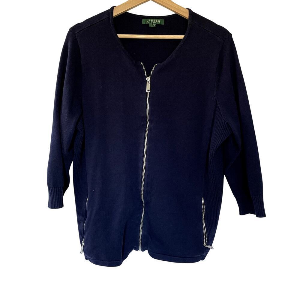 Lauren Ralph Lauren navy blue zip up sweater 3/4 sleeves knit women's 1X cotton